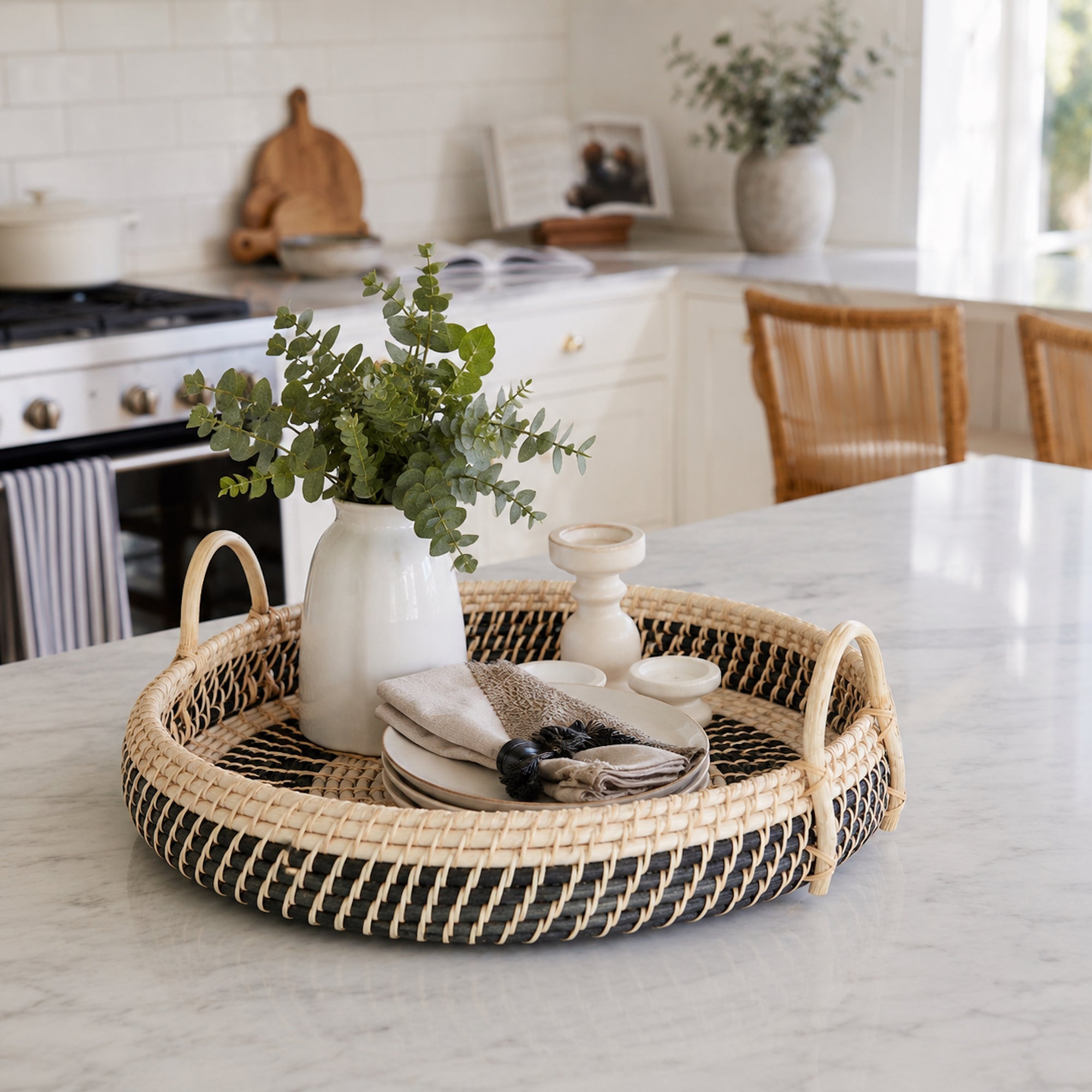 Elegant Large Round Natural Rattan Serving Tray with Handles