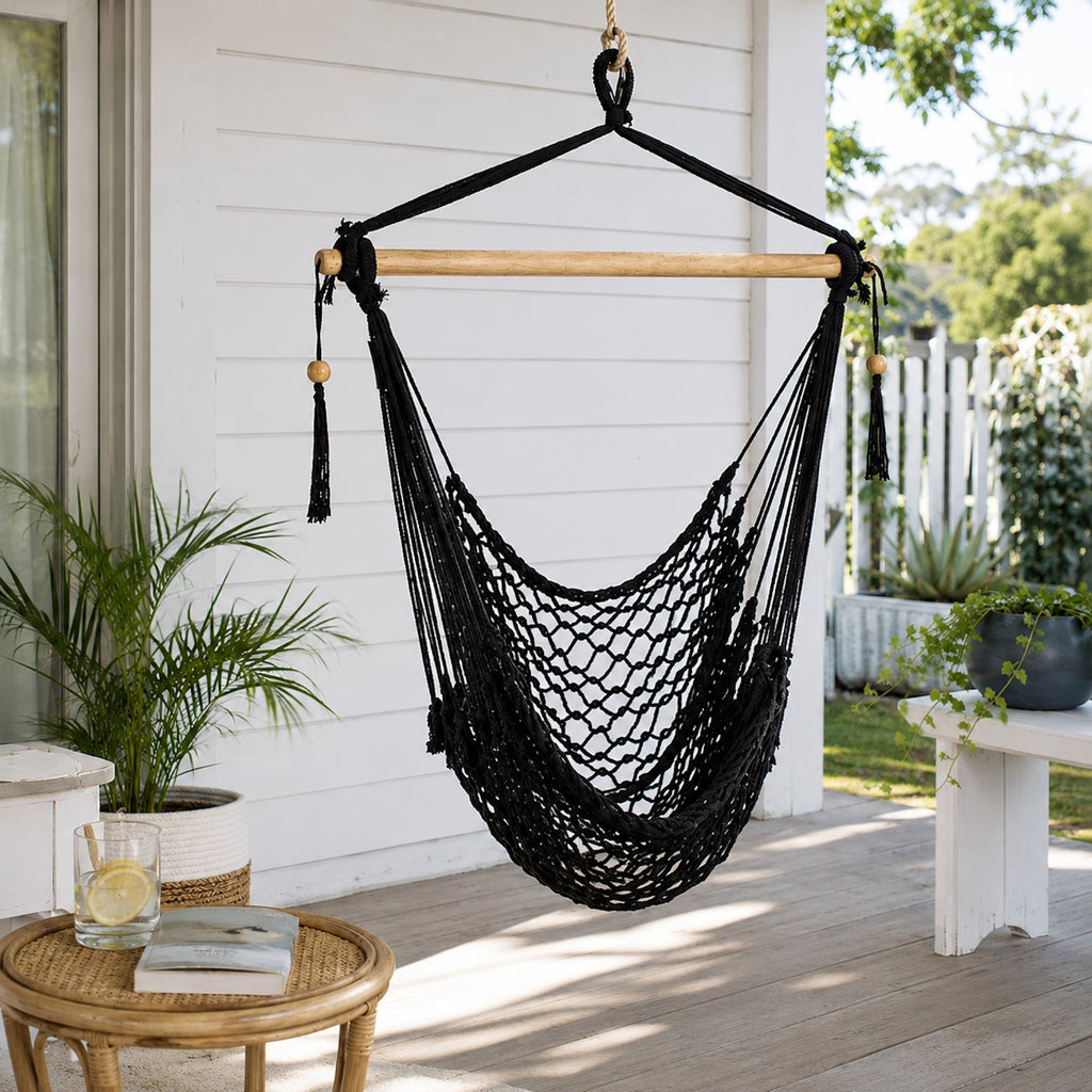 Salvador Black Macrame Hanging Hammock Chair – Stylish & Comfortable