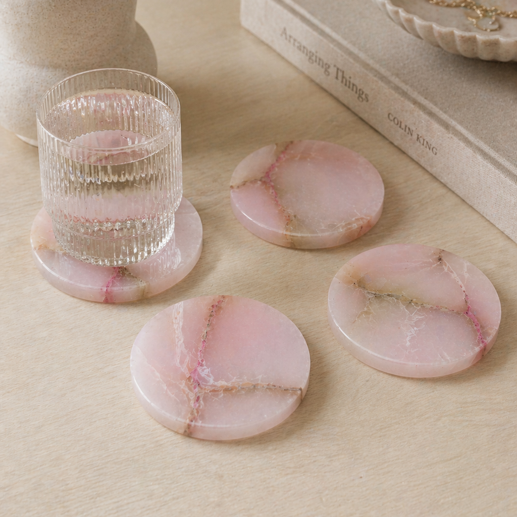 Elegant Pink Alabaster Coaster Set - Unique Natural Patterns