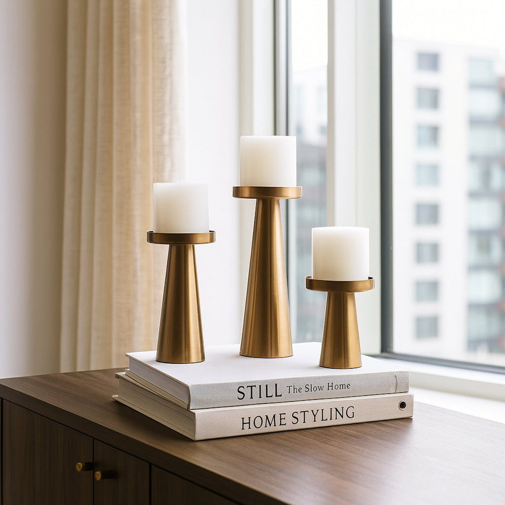 Stylish Brushed Brass Candle Holders - Set of 3 for Home Decor