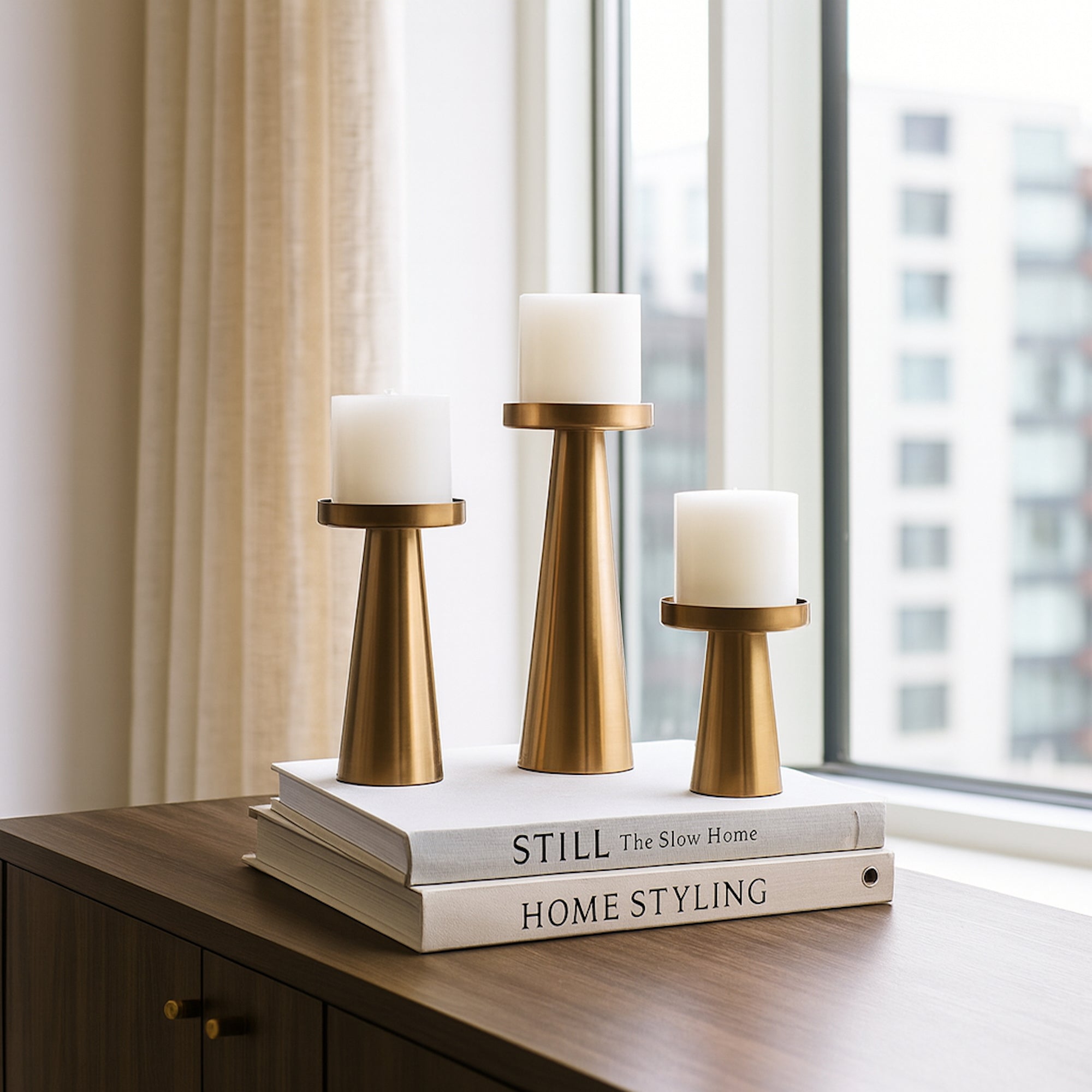 Stylish Brushed Brass Candle Holders - Set of 3 for Home Decor