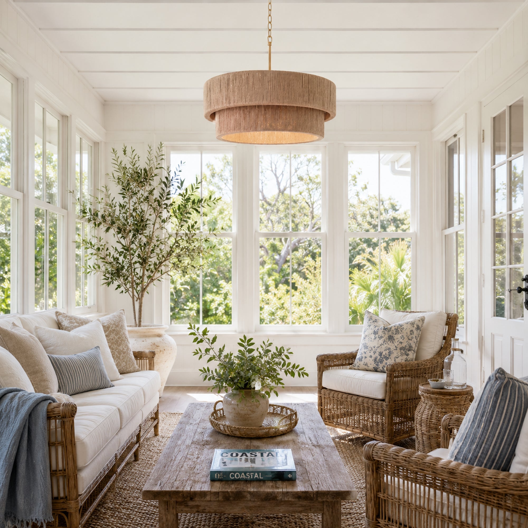 Sorrento Double Tiered Rope Chandelier - Natural & Gold Accent