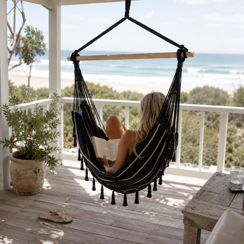 Soho Pinstripe Hammock Chair with Cushions for Relaxation - Black