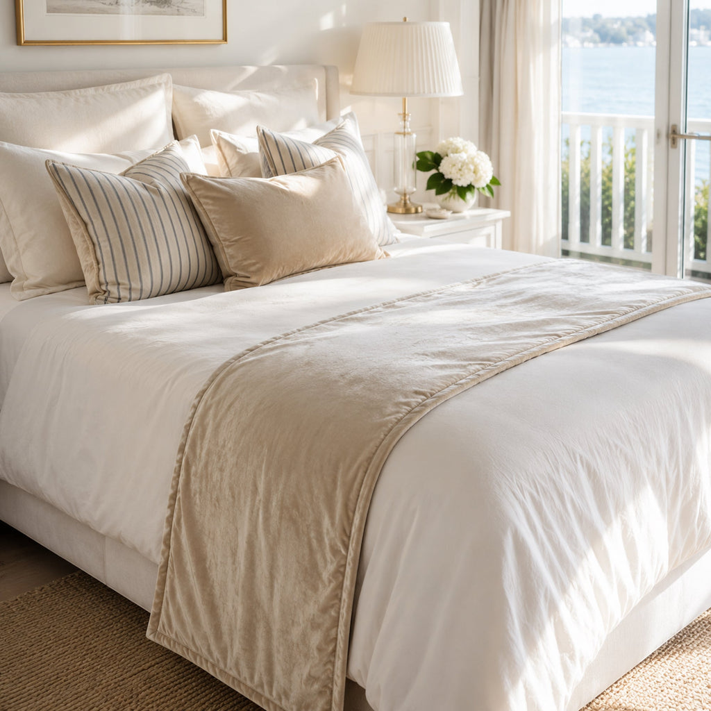 Luxury Faux Fur Bed Runner - Elegant Beige Velvet for Bedroom Decor