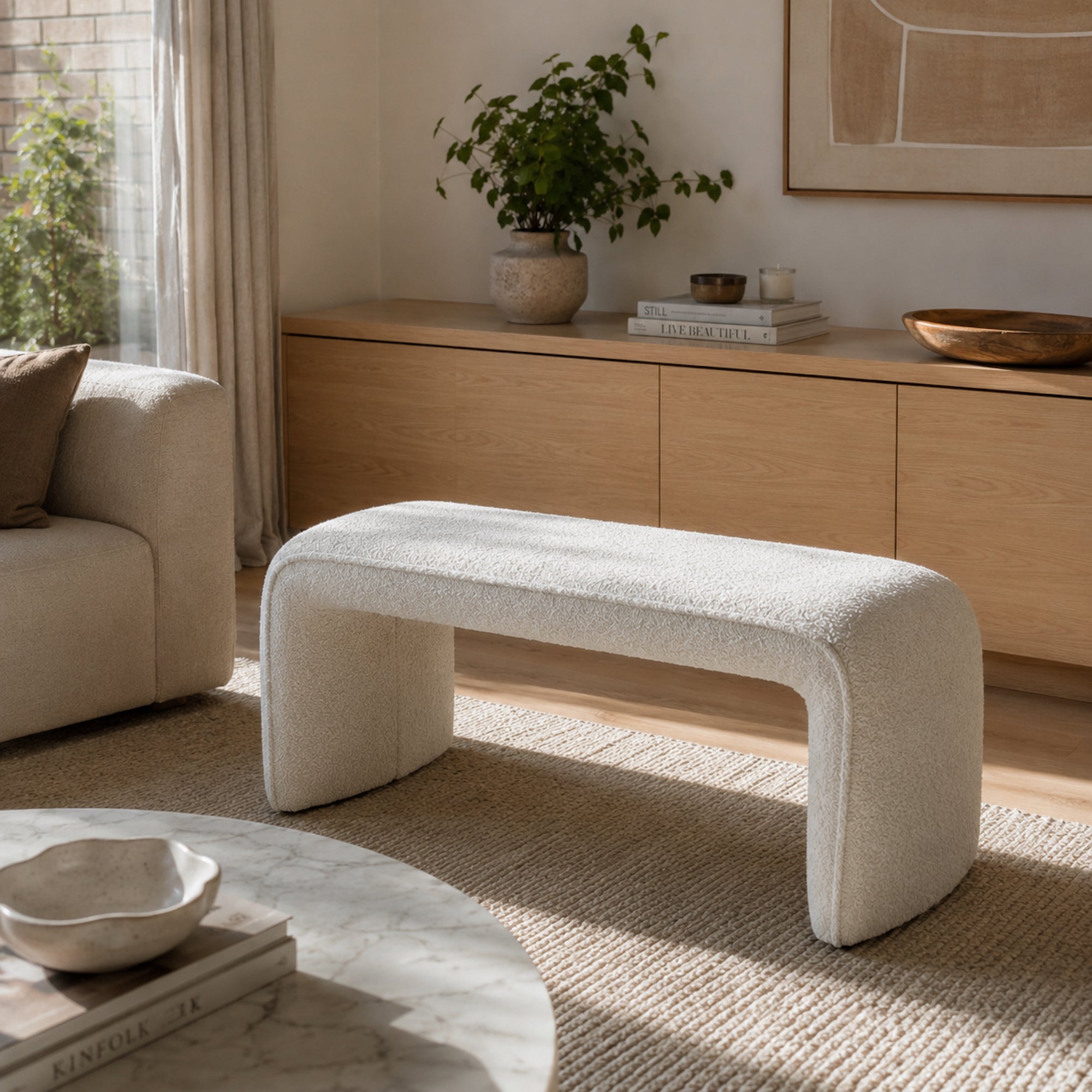 Stylish Denver Boucle Bench Seat in White - Modern Comfort