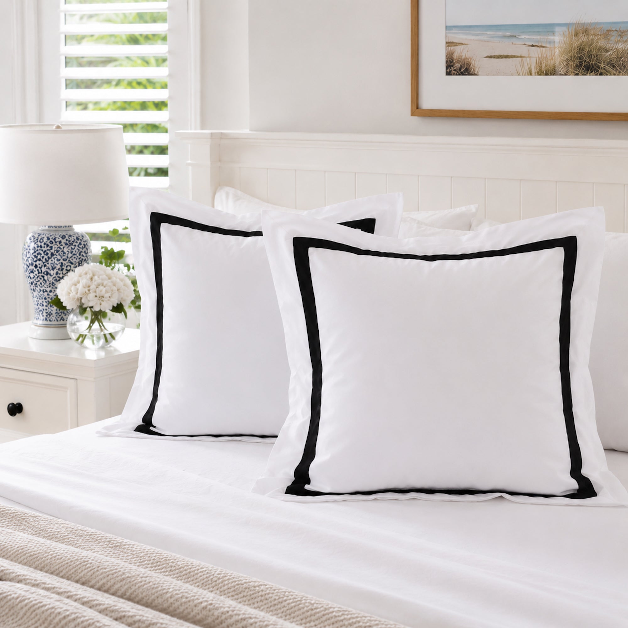 Luxury Ava Collection European Pillowcase Set - White & Black Trim