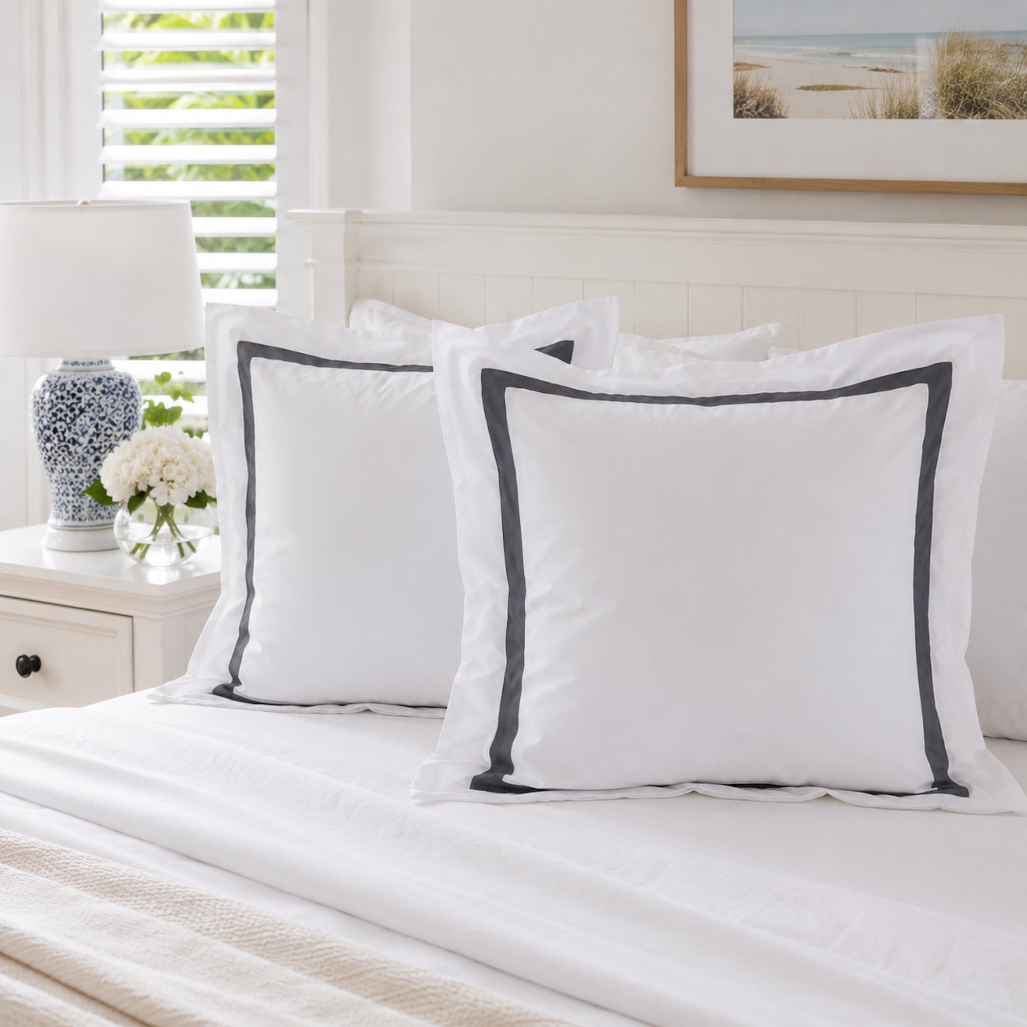 Ava Collection European Pillowcase Set - Charcoal Trim Elegance