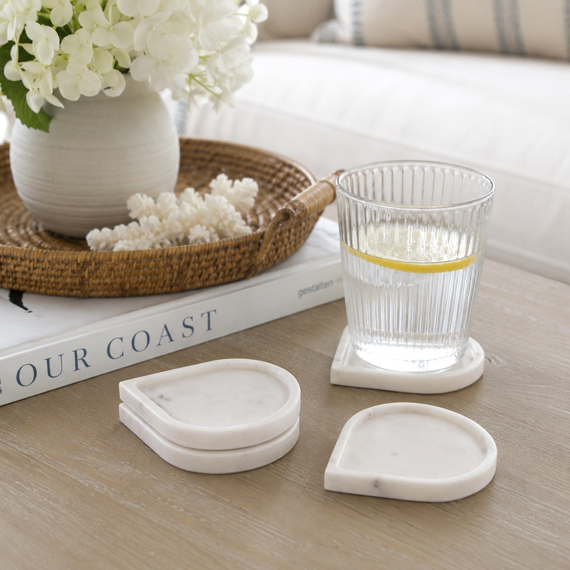 Elegant White Marble Raindrop Coaster Set for Stylish Surfaces